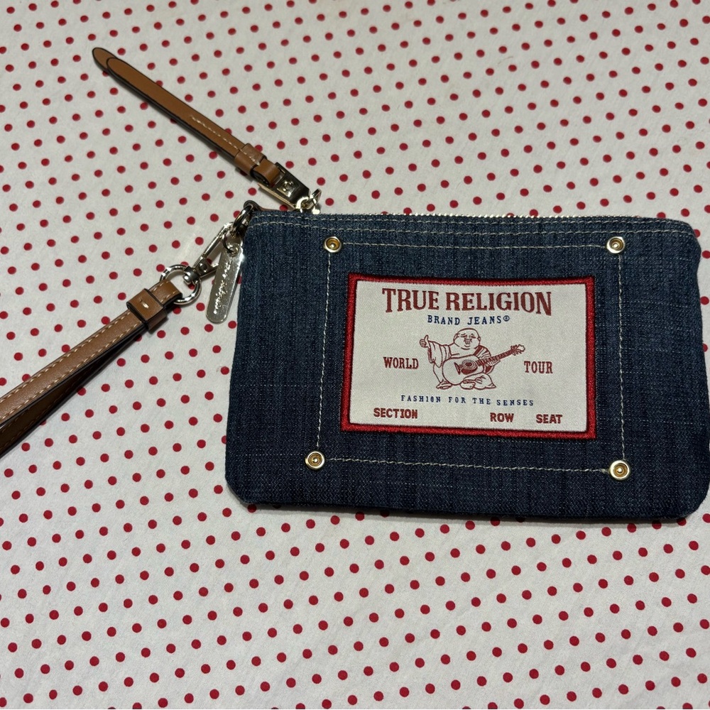 True Religion Blue Denim Clutch with Brown Strap